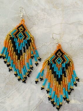 Handmade Beaded Fringe Earrings - Turquoise, Gold & Black